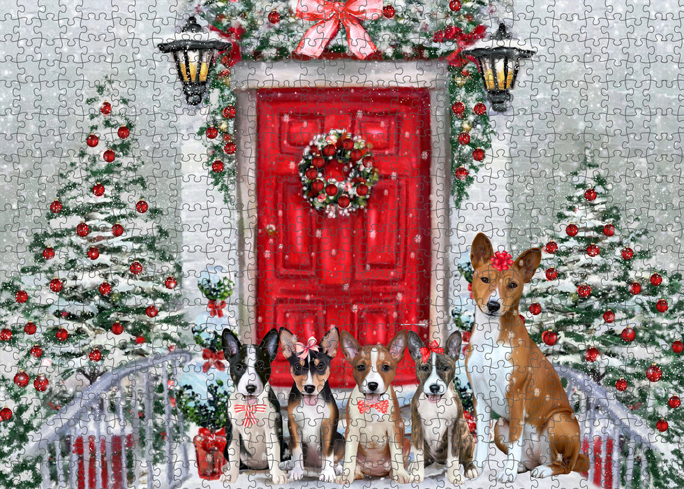 Christmas Holiday Welcome Basenji Dogs Portrait Jigsaw Puzzle for Adults Animal Interlocking Puzzle Game Unique Gift for Dog Lover's with Metal Tin Box