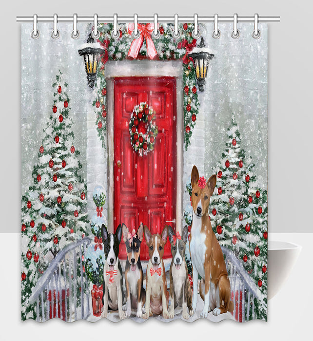 Christmas Holiday Welcome Basenji Dogs Shower Curtain Pet Painting Bathtub Curtain Waterproof Polyester One-Side Printing Decor Bath Tub Curtain for Bathroom with Hooks