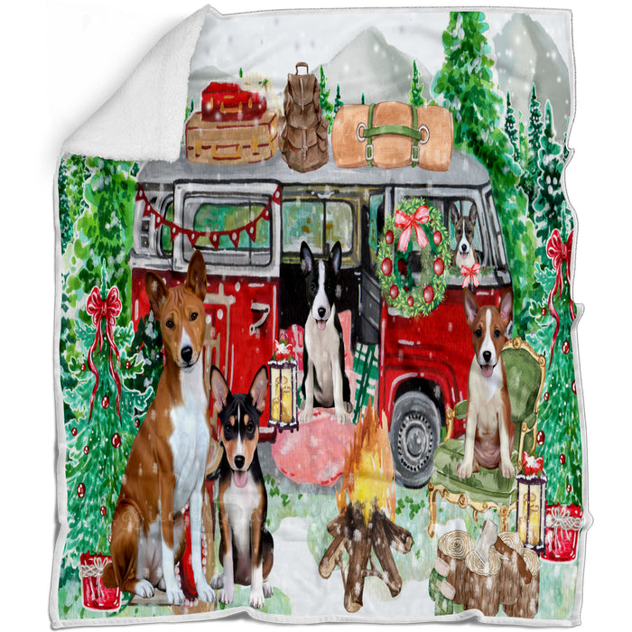 Christmas Time Camping with Basenji Dogs Blanket - Lightweight Soft Cozy and Durable Bed Blanket - Animal Theme Fuzzy Blanket for Sofa Couch