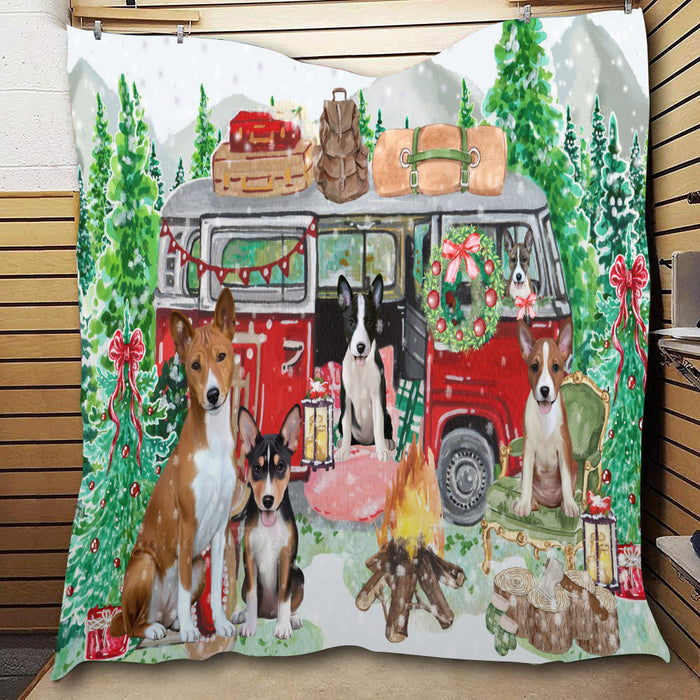 Christmas Time Camping with Basenji Dogs  Quilt Bed Coverlet Bedspread - Pets Comforter Unique One-side Animal Printing - Soft Lightweight Durable Washable Polyester Quilt