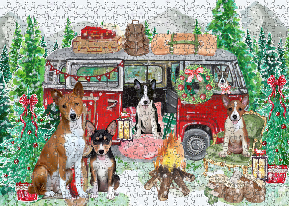 Christmas Time Camping with Basenji Dogs Portrait Jigsaw Puzzle for Adults Animal Interlocking Puzzle Game Unique Gift for Dog Lover's with Metal Tin Box