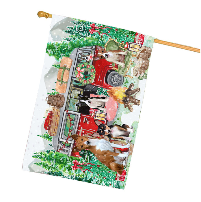 Christmas Time Camping with Basenji Dogs House Flag Outdoor Decorative Double Sided Pet Portrait Weather Resistant Premium Quality Animal Printed Home Decorative Flags 100% Polyester