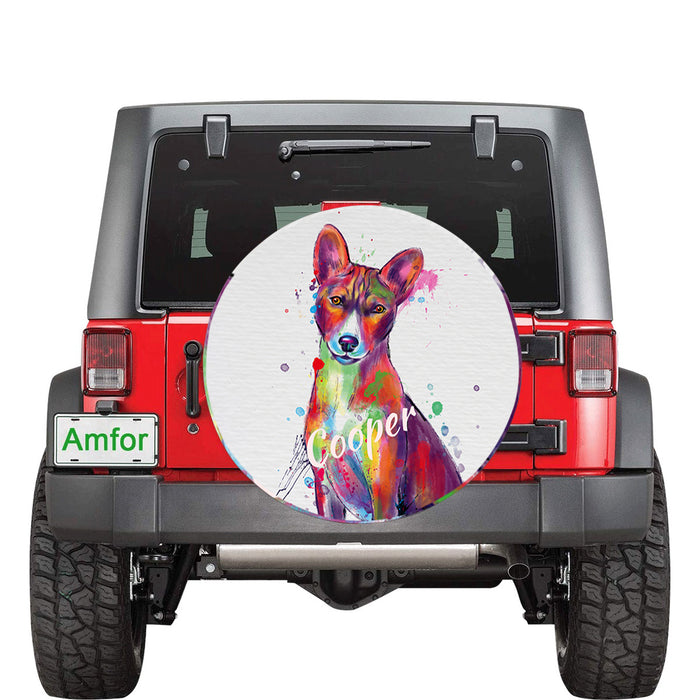 Custom Pet Name Personalized Watercolor Basenji Dog Car Tire Cover