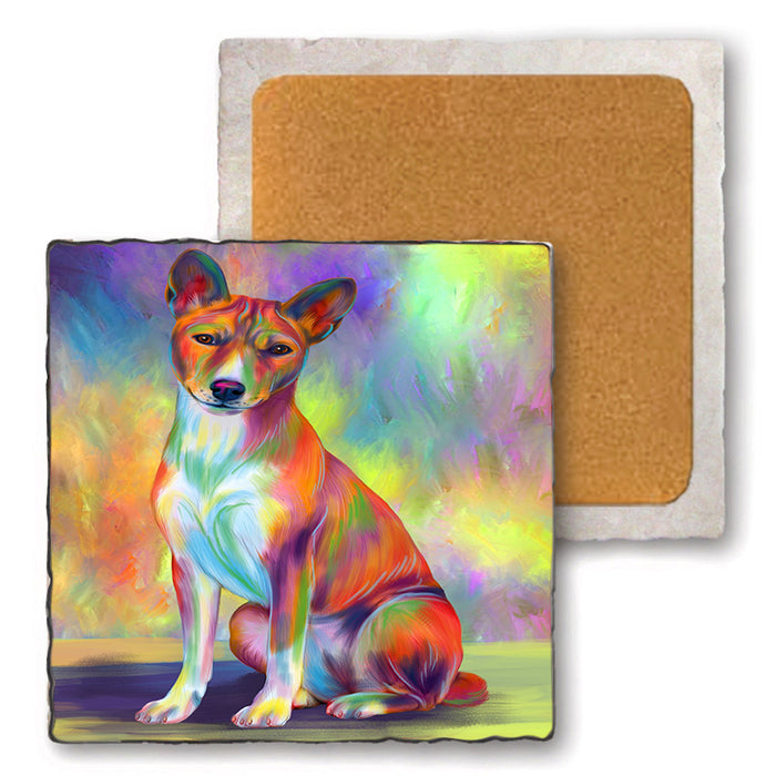 Paradise Wave Basenji Dog Set of 4 Natural Stone Marble Tile Coasters MCST52491
