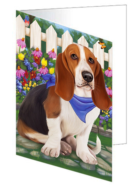 Spring Floral Basset Hound Dog Handmade Artwork Assorted Pets Greeting Cards and Note Cards with Envelopes for All Occasions and Holiday Seasons GCD53372