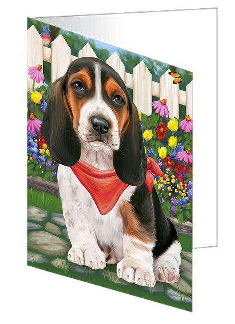 Spring Dog House Basset Hounds Dog Handmade Artwork Assorted Pets Greeting Cards and Note Cards with Envelopes for All Occasions and Holiday Seasons GCD53366
