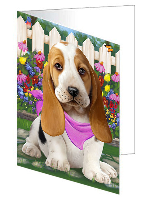 Spring Floral Basset Hound Dog Handmade Artwork Assorted Pets Greeting Cards and Note Cards with Envelopes for All Occasions and Holiday Seasons GCD53369