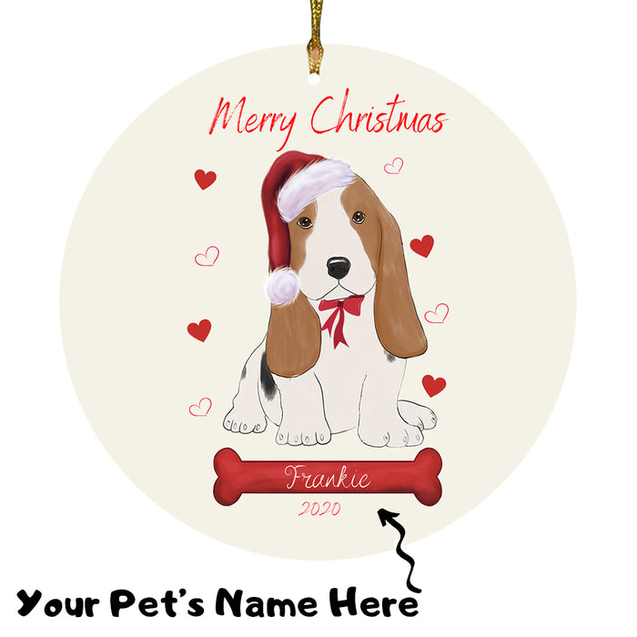 Personalized Merry Christmas  Basset Hound Dog Christmas Tree Round Flat Ornament RBPOR58909