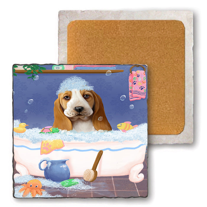 Rub A Dub Dog In A Tub Basset Hound Dog Set of 4 Natural Stone Marble Tile Coasters MCST52300