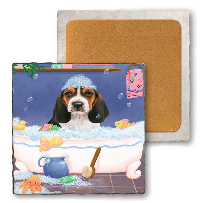 Rub A Dub Dog In A Tub Basset Hound Dog Set of 4 Natural Stone Marble Tile Coasters MCST52301