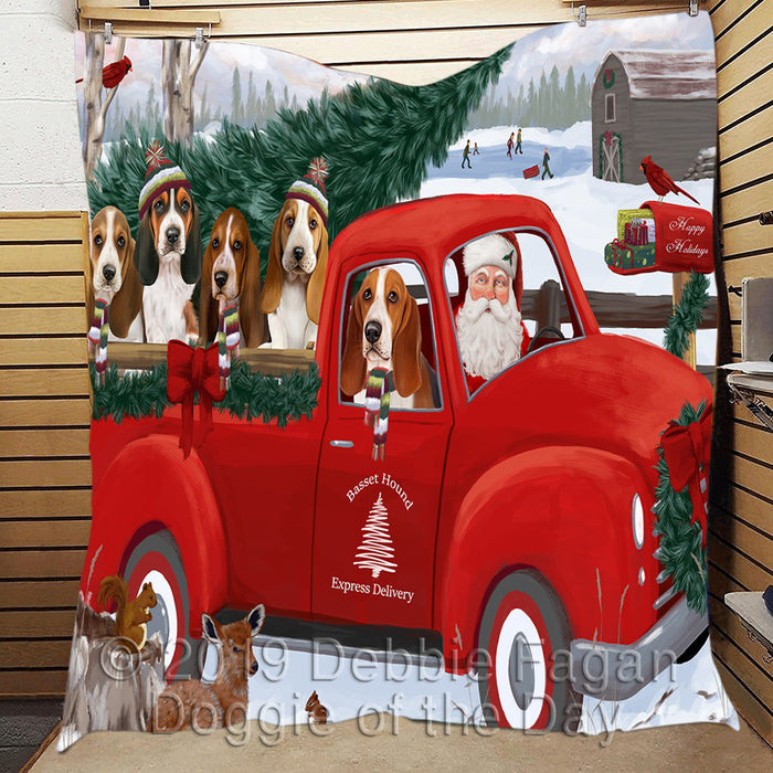 Christmas Santa Express Delivery Red Truck Basset Hound Dogs Quilt