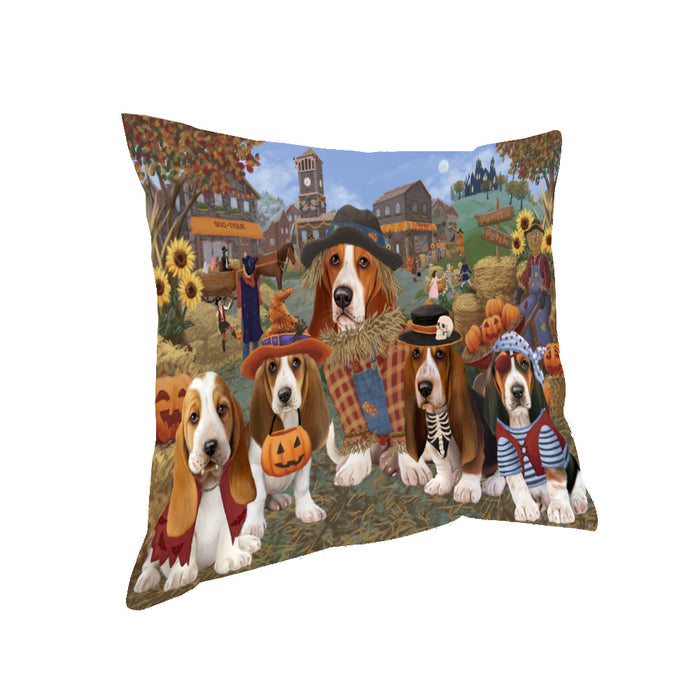 Halloween 'Round Town And Fall Pumpkin Scarecrow Both Basset Hound Dogs Pillow PIL82268