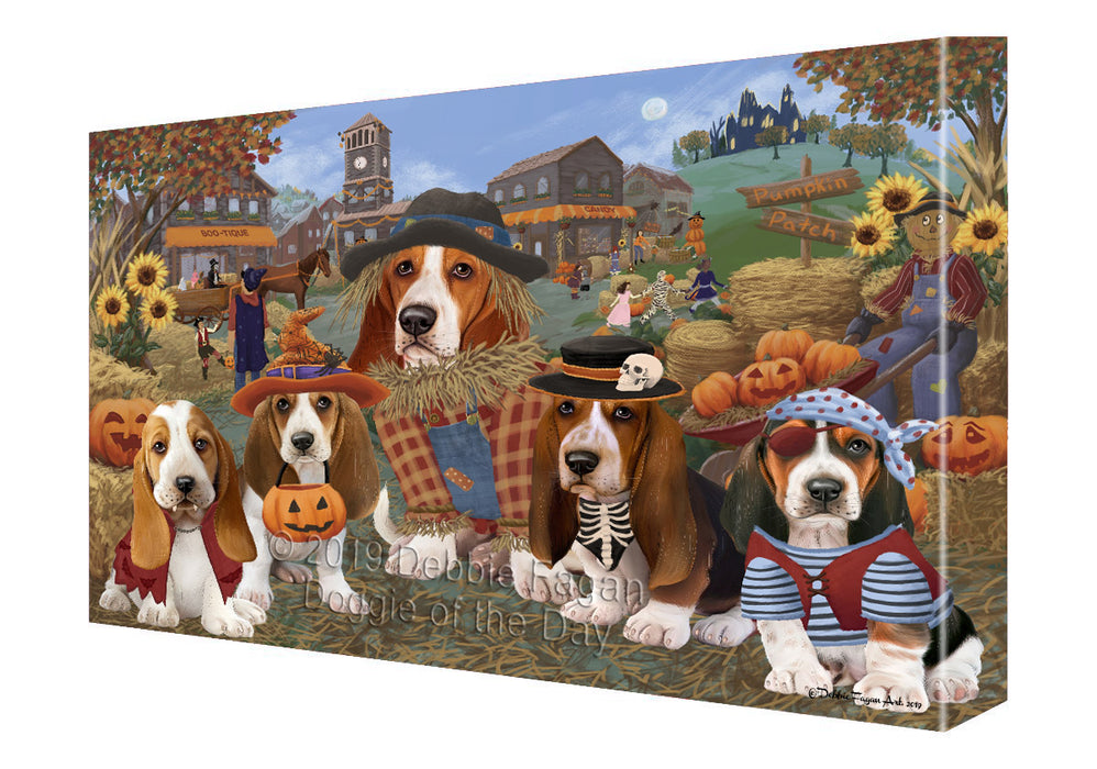 Halloween 'Round Town And Fall Pumpkin Scarecrow Both Basset Hound Dogs Canvas Print Wall Art Décor CVS139292