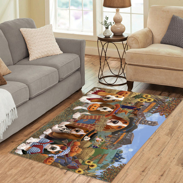 Halloween 'Round Town and Fall Pumpkin Scarecrow Both Basset Hound Dogs Area Rug