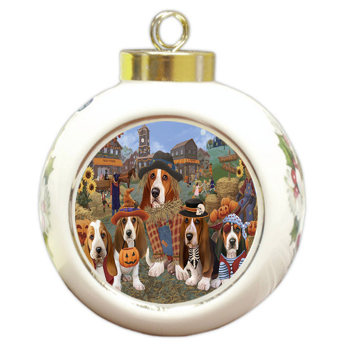 Halloween 'Round Town And Fall Pumpkin Scarecrow Both Basset Hound Dogs Round Ball Christmas Ornament RBPOR57371