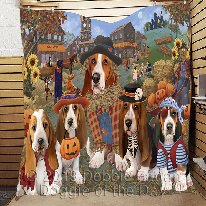 Halloween 'Round Town and Fall Pumpkin Scarecrow Both Basset Hound Dogs Quilt
