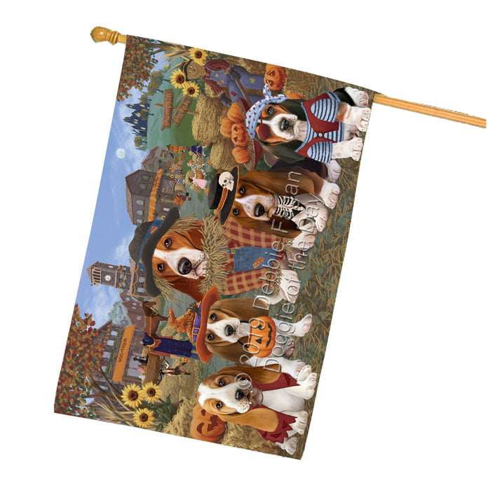 Halloween 'Round Town And Fall Pumpkin Scarecrow Both Basset Hound Dogs House Flag FLG65623