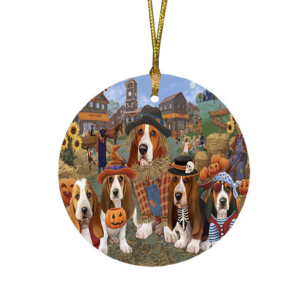 Halloween 'Round Town And Fall Pumpkin Scarecrow Both Basset Hound Dogs Round Flat Christmas Ornament RFPOR57371