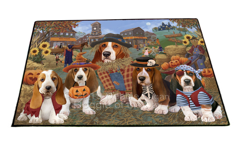 Halloween 'Round Town And Fall Pumpkin Scarecrow Both Basset Hound Dogs Floormat FLMS53846