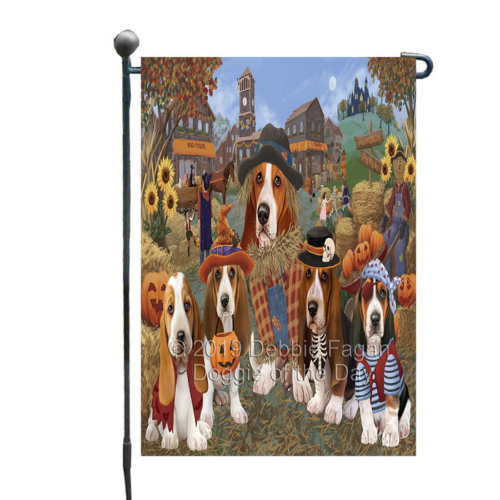 Halloween 'Round Town And Fall Pumpkin Scarecrow Both Basset Hound Dogs Garden Flag GFLG65567