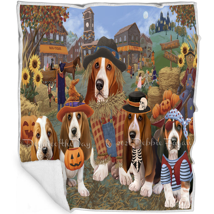 Halloween 'Round Town And Fall Pumpkin Scarecrow Both Basset Hound Dogs Blanket BLNKT138665