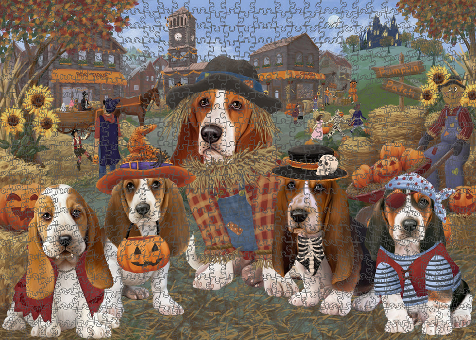 Halloween 'Round Town And Fall Pumpkin Scarecrow Both Basset Hound Dogs Puzzle with Photo Tin PUZL96176