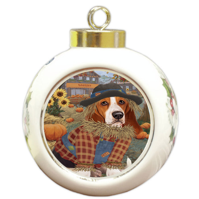 Halloween 'Round Town And Fall Pumpkin Scarecrow Both Basset Hound Dogs Round Ball Christmas Ornament RBPOR57432