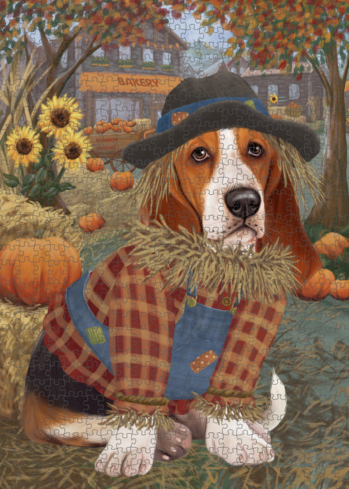 Halloween 'Round Town And Fall Pumpkin Scarecrow Both Basset Hound Dogs Puzzle with Photo Tin PUZL96420