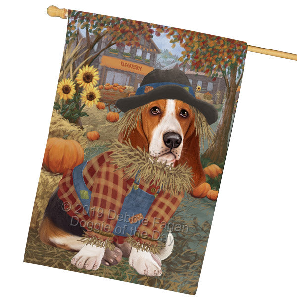 Halloween 'Round Town And Fall Pumpkin Scarecrow Both Basset Hound Dogs House Flag FLG65684