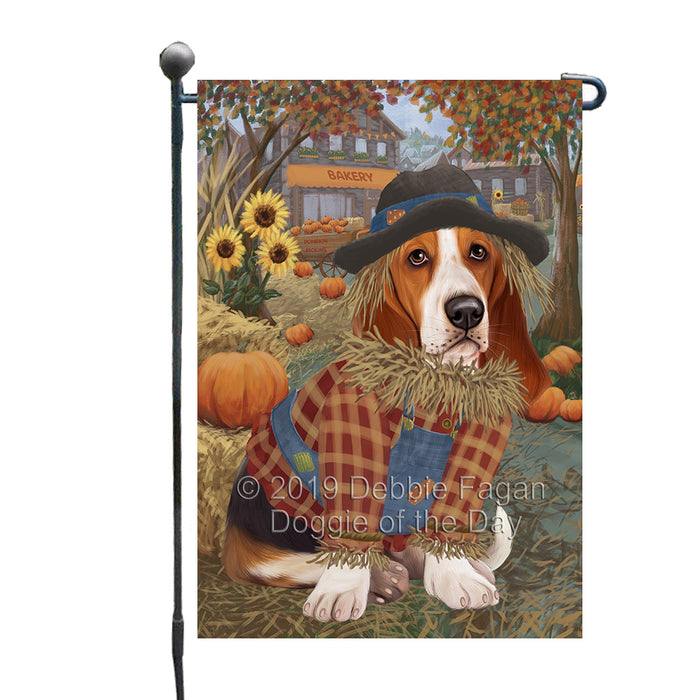 Halloween 'Round Town And Fall Pumpkin Scarecrow Both Basset Hound Dogs Garden Flag GFLG65628