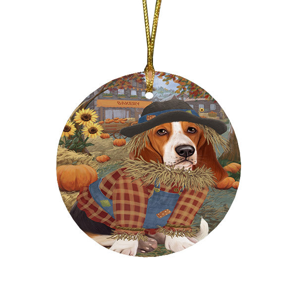 Halloween 'Round Town And Fall Pumpkin Scarecrow Both Basset Hound Dogs Round Flat Christmas Ornament RFPOR57432