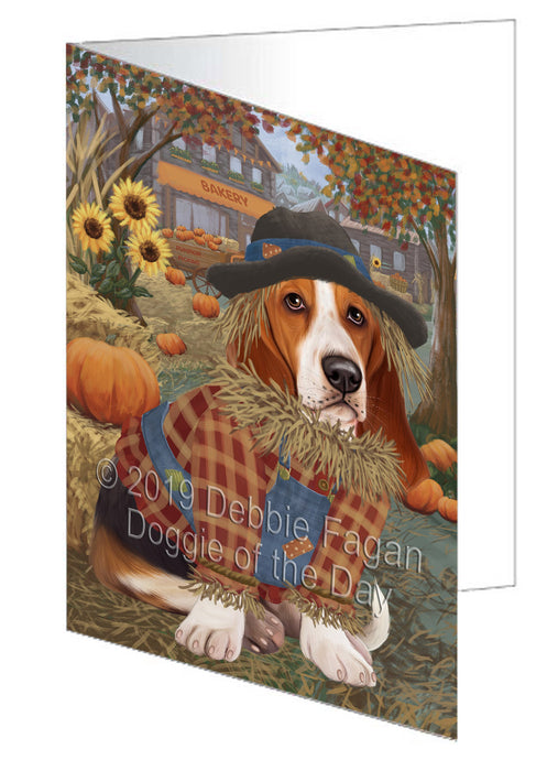 Fall Pumpkin Scarecrow Basset Hound Dog Handmade Artwork Assorted Pets Greeting Cards and Note Cards with Envelopes for All Occasions and Holiday Seasons GCD77930