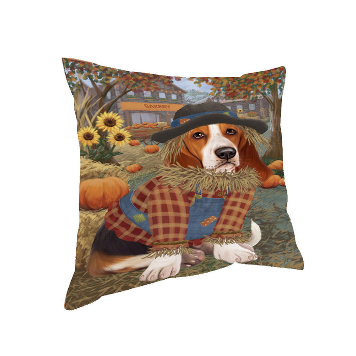 Halloween 'Round Town And Fall Pumpkin Scarecrow Both Basset Hound Dogs Pillow PIL82512