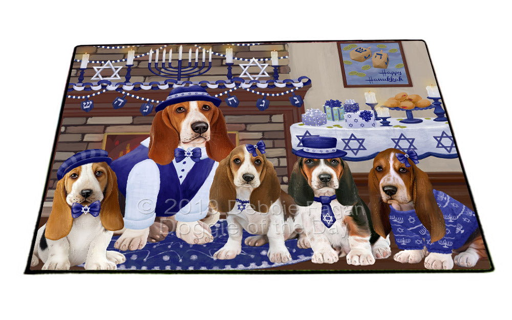 Happy Hanukkah Family and Happy Hanukkah Both Basset Hound Dogs Floormat FLMS54029