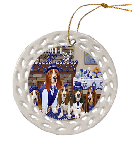 Happy Hanukkah Family Basset Hound Dogs Ceramic Doily Ornament DPOR57589