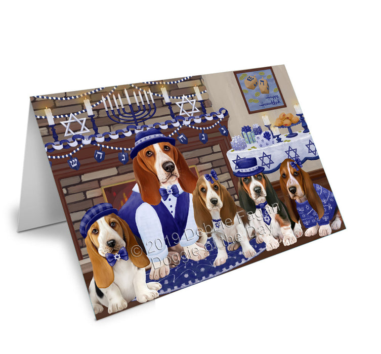 Happy Hanukkah Family Basset Hound Dogs Handmade Artwork Assorted Pets Greeting Cards and Note Cards with Envelopes for All Occasions and Holiday Seasons GCD78113