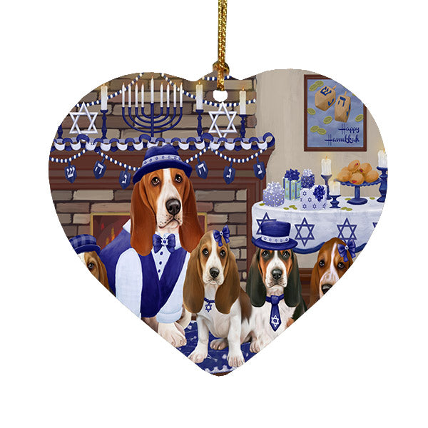 Happy Hanukkah Family Basset Hound Dogs Heart Christmas Ornament HPOR57589