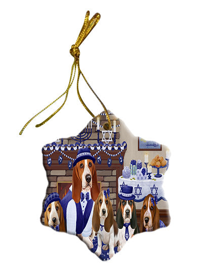 Happy Hanukkah Family Basset Hound Dogs Star Porcelain Ornament SPOR57589