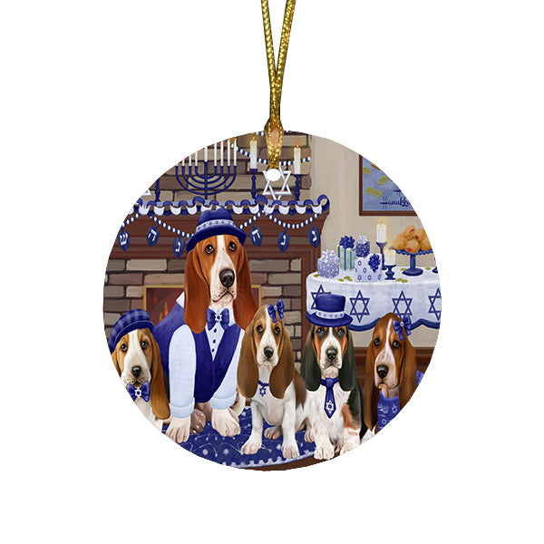 Happy Hanukkah Family and Happy Hanukkah Both Basset Hound Dogs Round Flat Christmas Ornament RFPOR57493