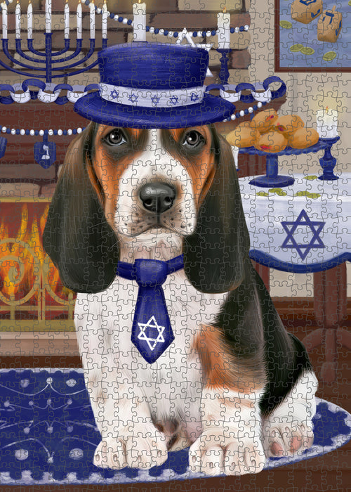 Happy Hanukkah Family and Happy Hanukkah Both Basset Hound Dog Puzzle with Photo Tin PUZL96888