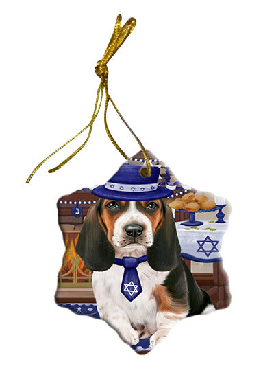 Happy Hanukkah Basset Hound Dog Star Porcelain Ornament SPOR57645