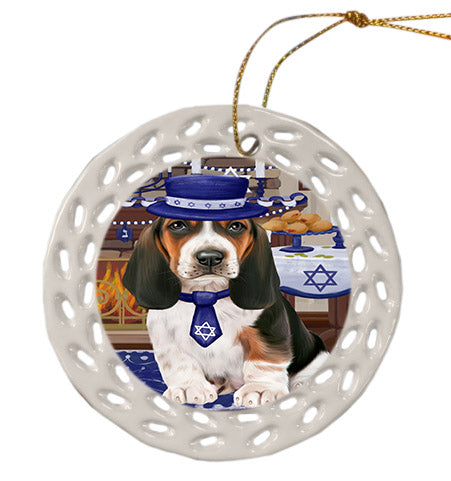 Happy Hanukkah Basset Hound Dog Ceramic Doily Ornament DPOR57645