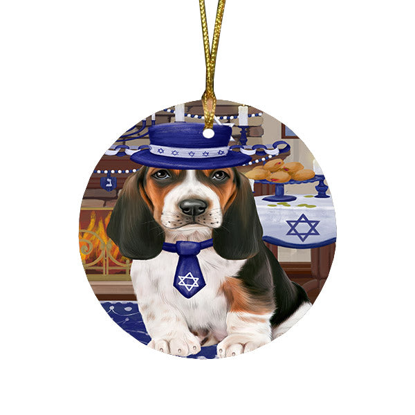 Happy Hanukkah Family and Happy Hanukkah Both Basset Hound Dog Round Flat Christmas Ornament RFPOR57549