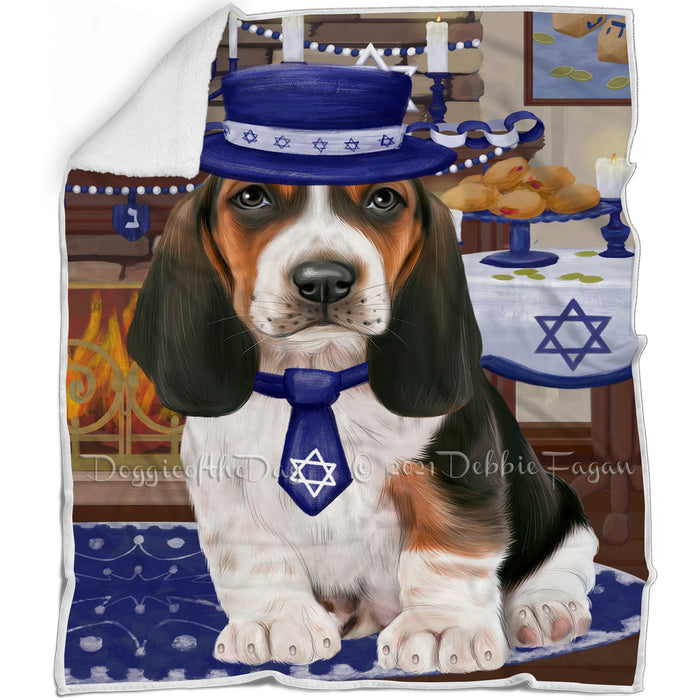 Happy Hanukkah Family and Happy Hanukkah Both Basset Hound Dog Blanket BLNKT139763