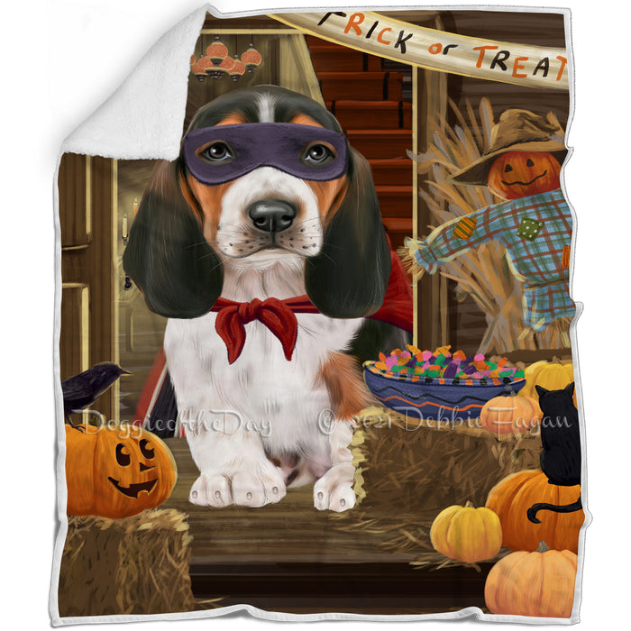 Enter at Own Risk Trick or Treat Halloween Basset Hound Dog Blanket BLNKT94116