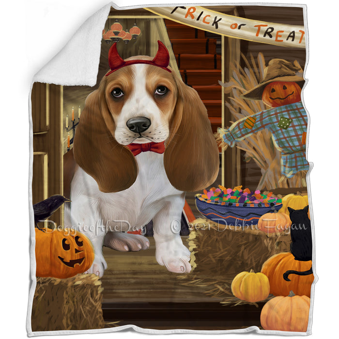 Enter at Own Risk Trick or Treat Halloween Basset Hound Dog Blanket BLNKT94134