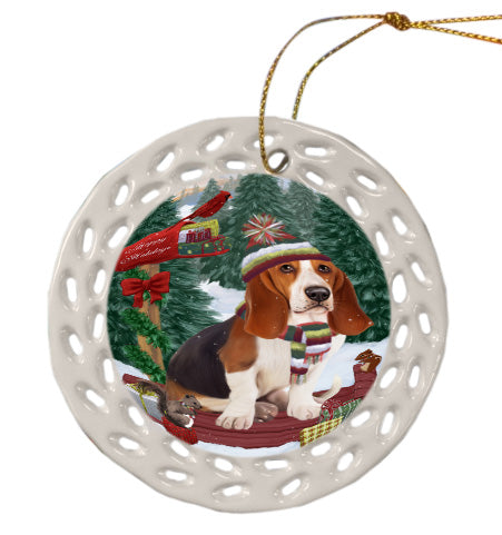 Christmas Woodland Sled Basset Hound Dog Doily Ornament DPOR59038