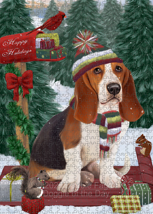 Christmas Woodland Sled Basset Hound Dog Portrait Jigsaw Puzzle for Adults Animal Interlocking Puzzle Game Unique Gift for Dog Lover's with Metal Tin Box PZL863