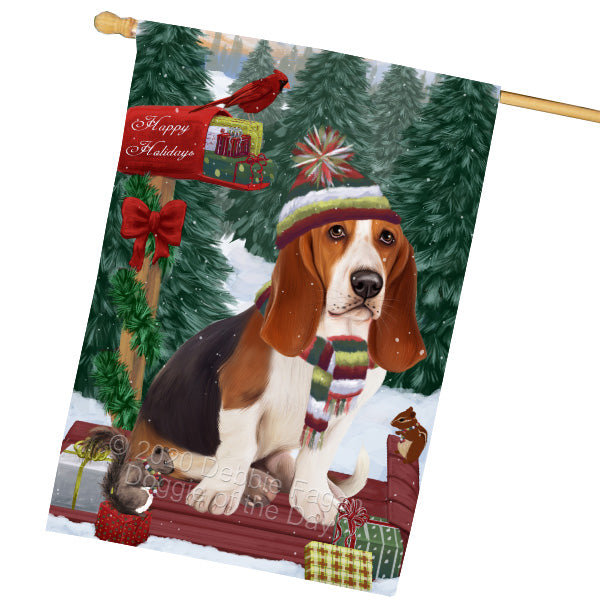 Christmas Woodland Sled Basset Hound Dog House Flag Outdoor Decorative Double Sided Pet Portrait Weather Resistant Premium Quality Animal Printed Home Decorative Flags 100% Polyester FLG69540