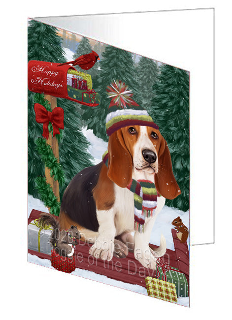 Christmas Woodland Sled Basset Hound Dog Handmade Artwork Assorted Pets Greeting Cards and Note Cards with Envelopes for All Occasions and Holiday Seasons